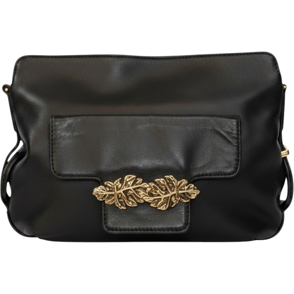 Tommy Bahama Crossbody Bag Black Leather Embroidered Gold Tone Embellish Boho